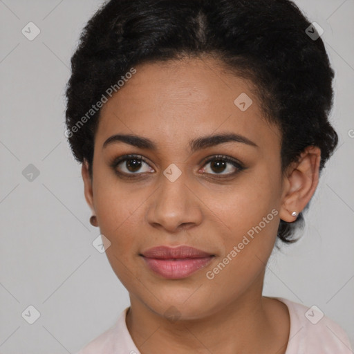 Joyful latino young-adult female with short  black hair and brown eyes