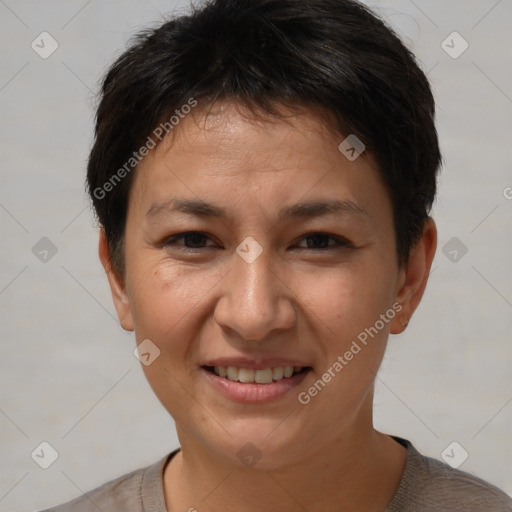 Joyful white adult female with short  brown hair and brown eyes