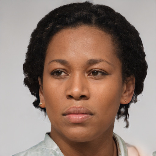 Neutral black young-adult female with medium  brown hair and brown eyes