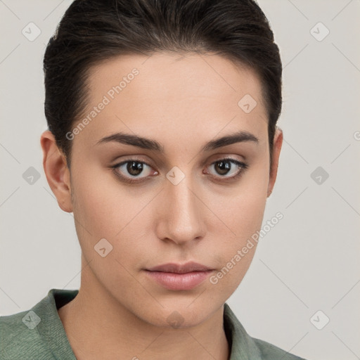 Neutral white young-adult female with short  brown hair and brown eyes