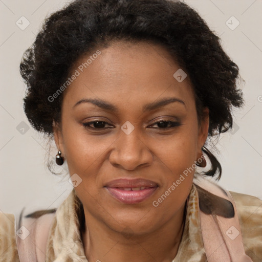 Joyful black adult female with medium  brown hair and brown eyes