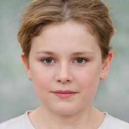 Joyful white child female with short  brown hair and brown eyes