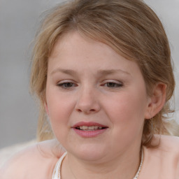 Joyful white child female with medium  brown hair and blue eyes