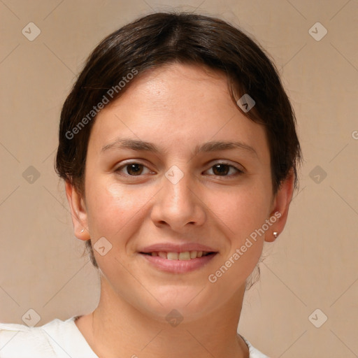 Joyful white young-adult female with medium  brown hair and brown eyes