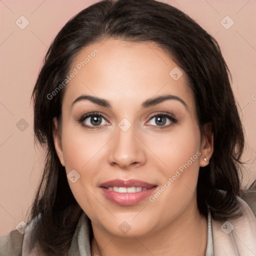 Joyful white young-adult female with medium  black hair and brown eyes