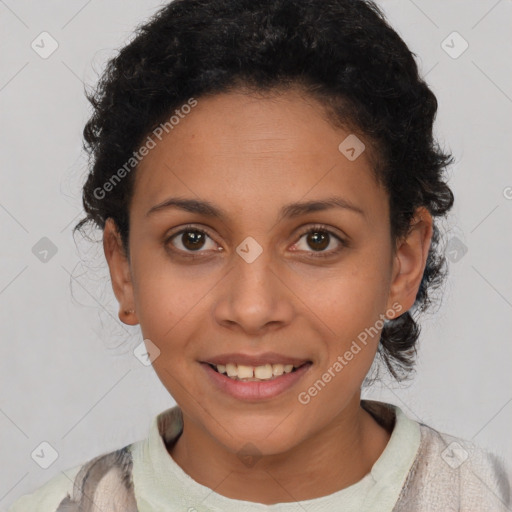 Joyful white young-adult female with short  black hair and brown eyes