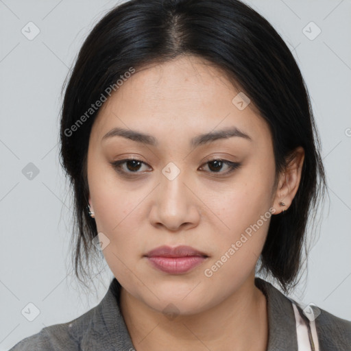 Joyful white young-adult female with medium  black hair and brown eyes