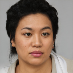 Neutral asian young-adult female with medium  black hair and brown eyes