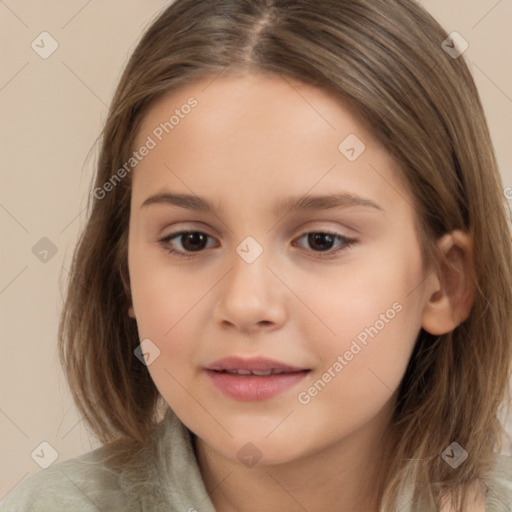 Joyful white child female with medium  brown hair and brown eyes