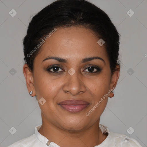 Joyful latino young-adult female with short  brown hair and brown eyes