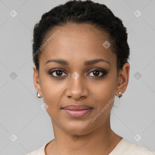 Joyful black young-adult female with short  black hair and brown eyes