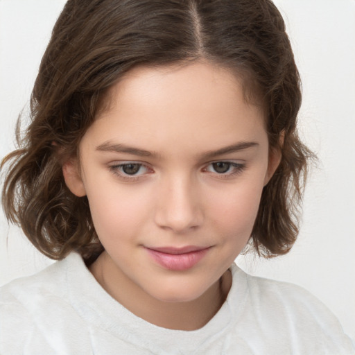 Joyful white child female with medium  brown hair and brown eyes