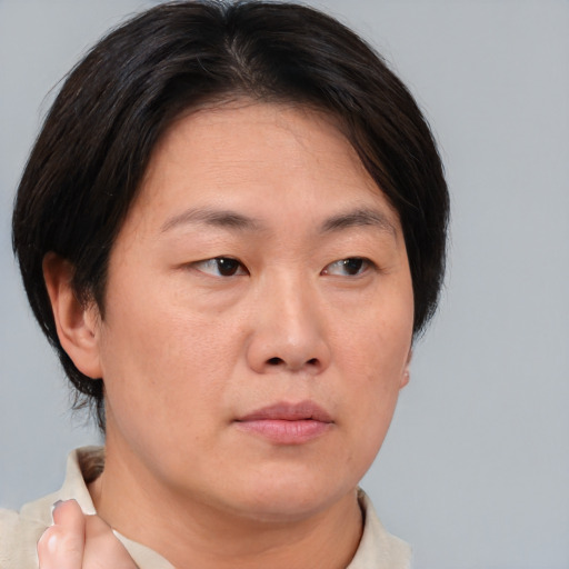 Neutral asian young-adult female with short  brown hair and brown eyes