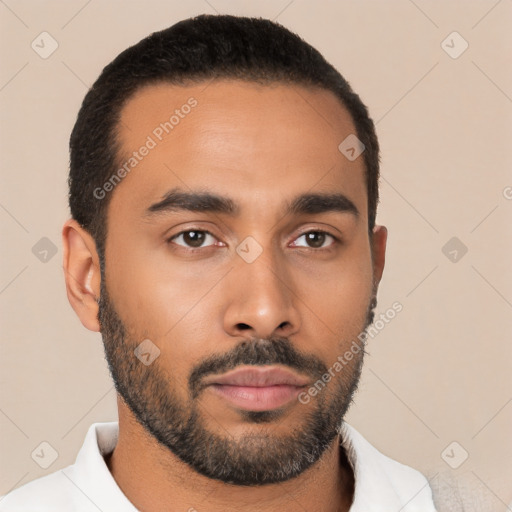 Neutral latino young-adult male with short  black hair and brown eyes