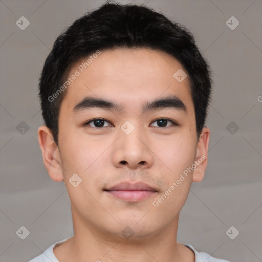 Neutral asian young-adult male with short  brown hair and brown eyes