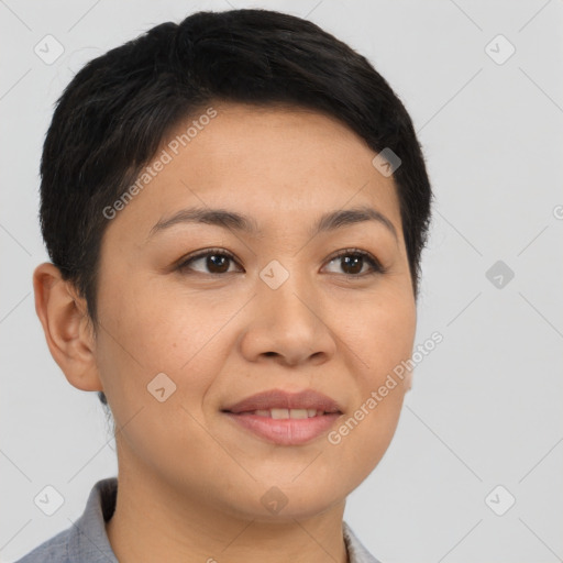 Joyful asian young-adult female with short  black hair and brown eyes