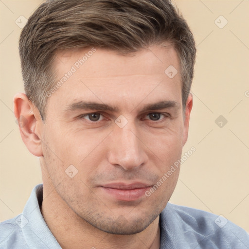 Neutral white adult male with short  brown hair and brown eyes