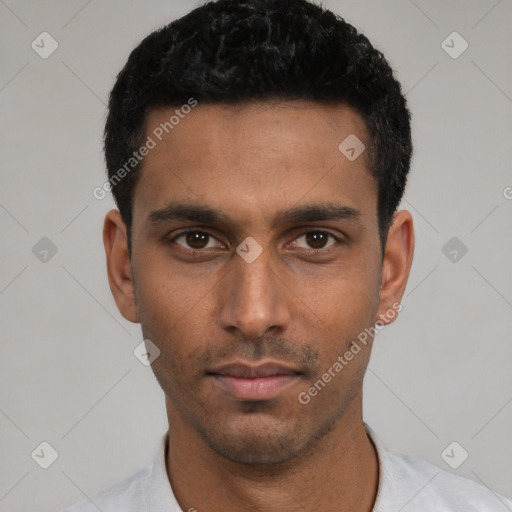 Neutral white young-adult male with short  black hair and brown eyes