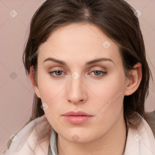 Neutral white young-adult female with medium  brown hair and grey eyes