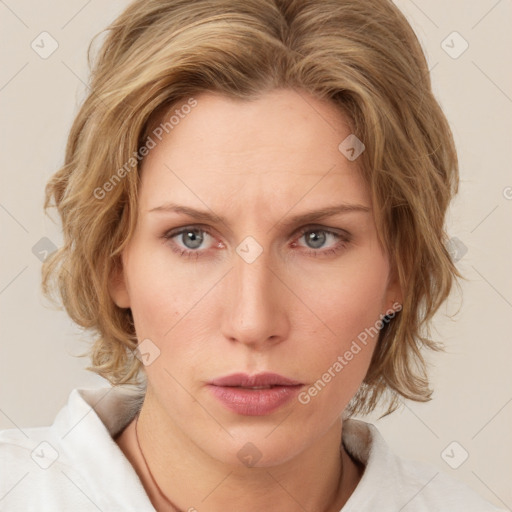 Neutral white young-adult female with medium  brown hair and blue eyes