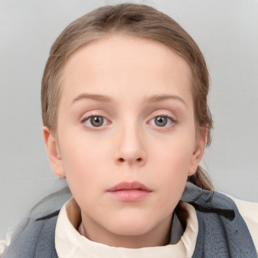 Neutral white child female with medium  brown hair and blue eyes