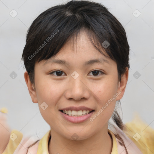 Joyful white young-adult female with medium  brown hair and brown eyes