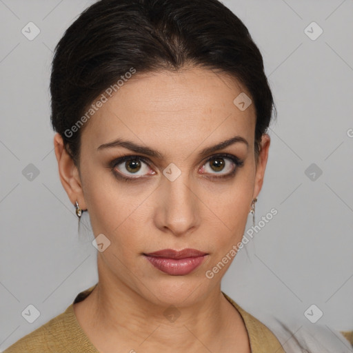 Neutral white young-adult female with short  brown hair and brown eyes