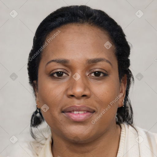 Neutral black young-adult female with short  black hair and brown eyes