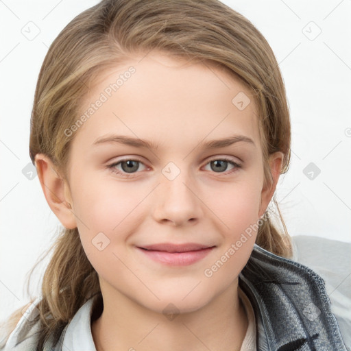 Joyful white child female with medium  brown hair and grey eyes