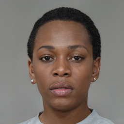 Neutral black young-adult female with short  black hair and brown eyes