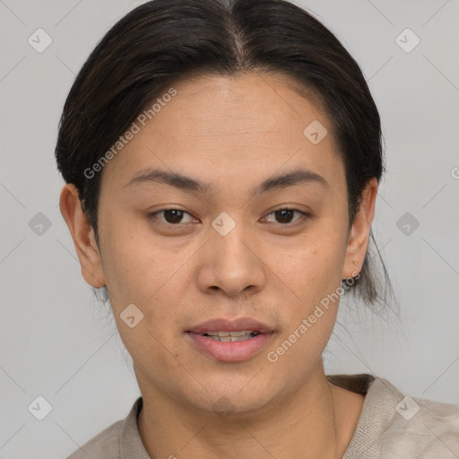 Joyful asian young-adult female with short  brown hair and brown eyes