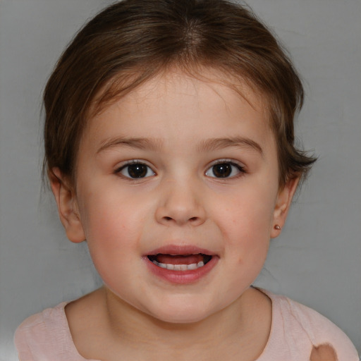 Joyful white child female with medium  brown hair and brown eyes