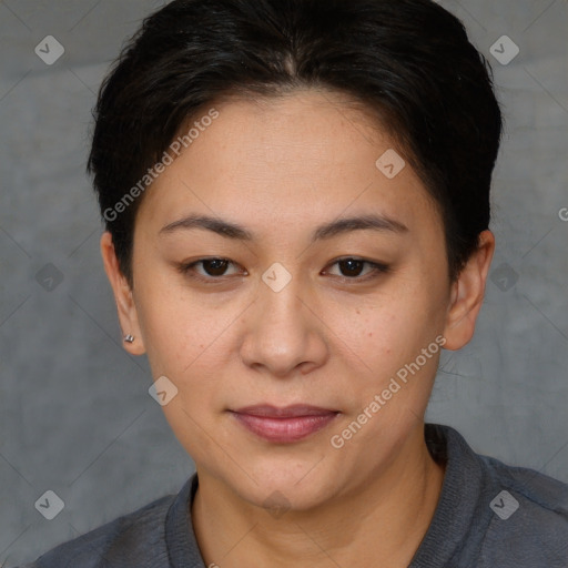 Joyful white adult female with short  brown hair and brown eyes