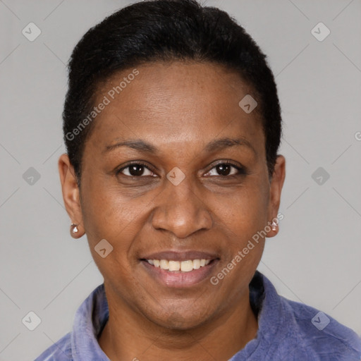 Joyful black adult female with short  brown hair and brown eyes