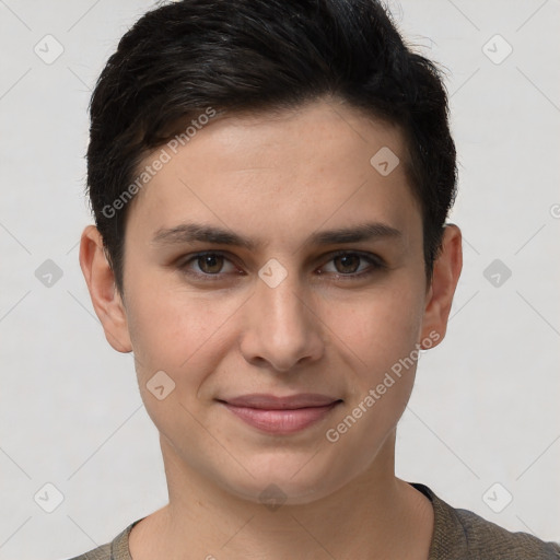 Joyful white young-adult female with short  brown hair and brown eyes