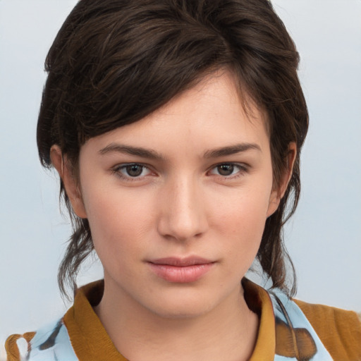 Neutral white young-adult female with medium  brown hair and brown eyes