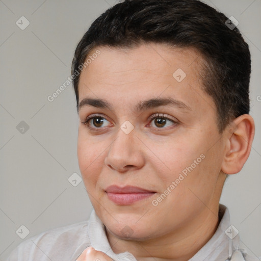 Joyful white young-adult female with short  brown hair and brown eyes