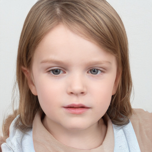 Neutral white child female with medium  brown hair and blue eyes