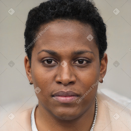 Neutral black young-adult female with short  brown hair and brown eyes