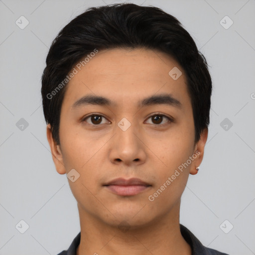 Neutral asian young-adult male with short  black hair and brown eyes