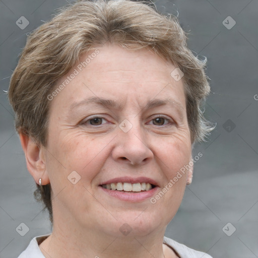 Joyful white adult female with short  brown hair and grey eyes