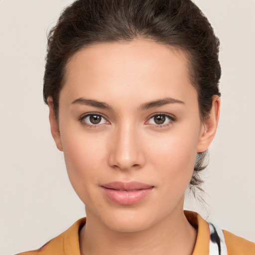 Neutral white young-adult female with medium  brown hair and brown eyes