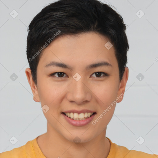 Joyful asian young-adult female with short  brown hair and brown eyes