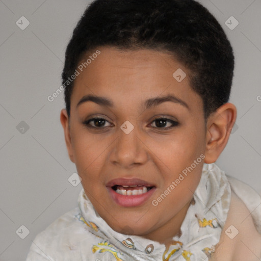 Joyful latino young-adult female with short  brown hair and brown eyes