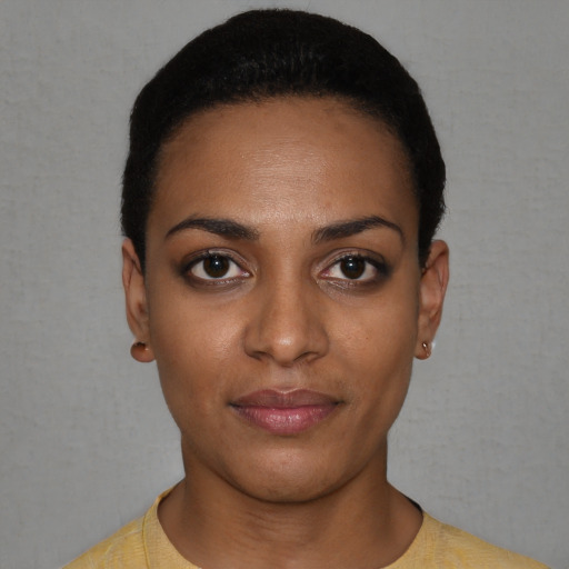 Neutral black young-adult female with short  black hair and brown eyes