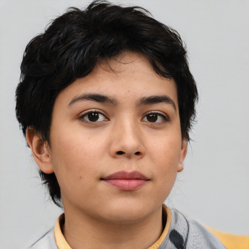 Neutral asian young-adult female with medium  black hair and brown eyes