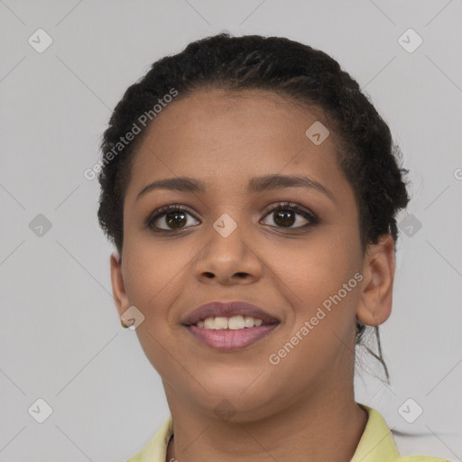 Joyful latino young-adult female with short  brown hair and brown eyes