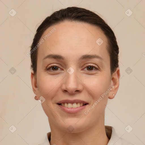 Joyful white young-adult female with short  brown hair and brown eyes