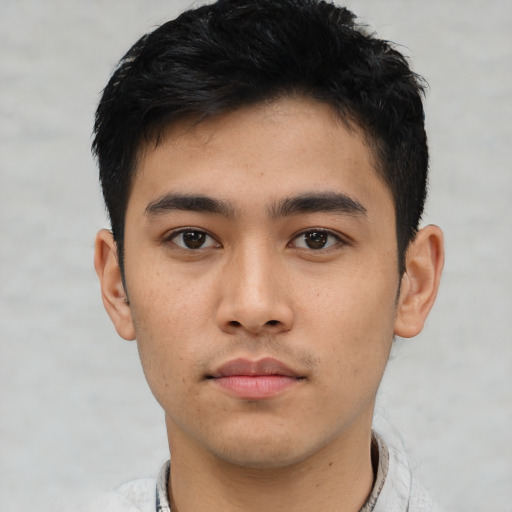 Neutral asian young-adult male with short  black hair and brown eyes