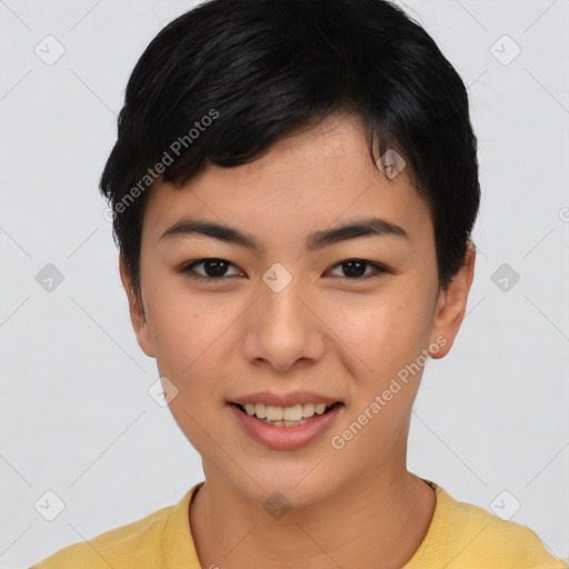 Joyful asian young-adult female with short  black hair and brown eyes